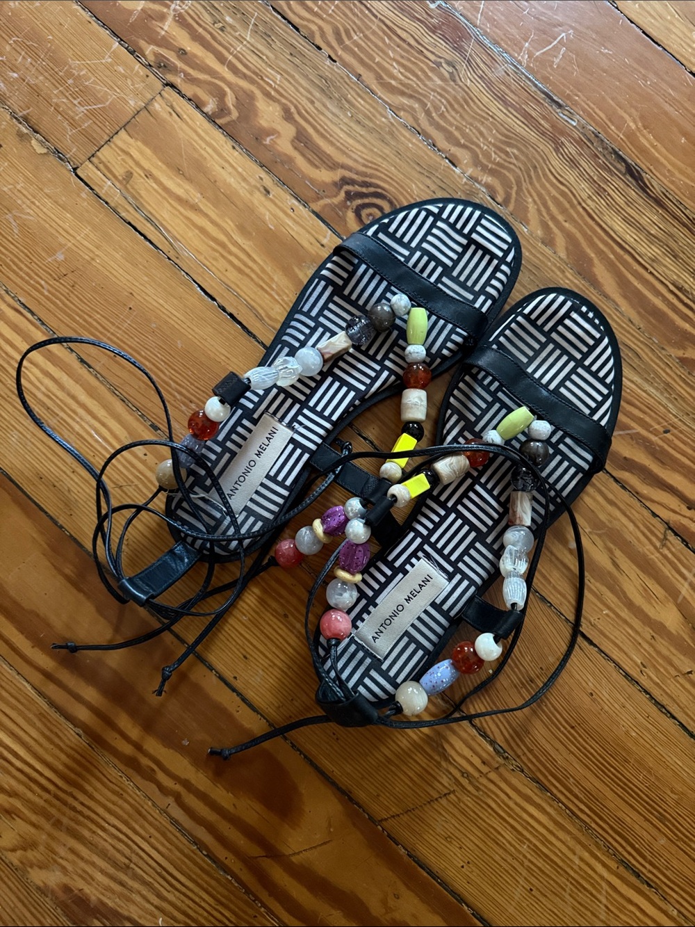 ANTONIO MELANI Black Beaded Lace-Up Sandals with Multicolored Beads